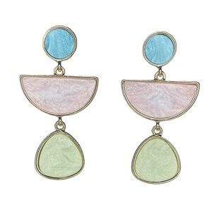 BONALUNA Geometric Frame Pierced Danglely Earrings Acrylic Gems Gold Toned Pink